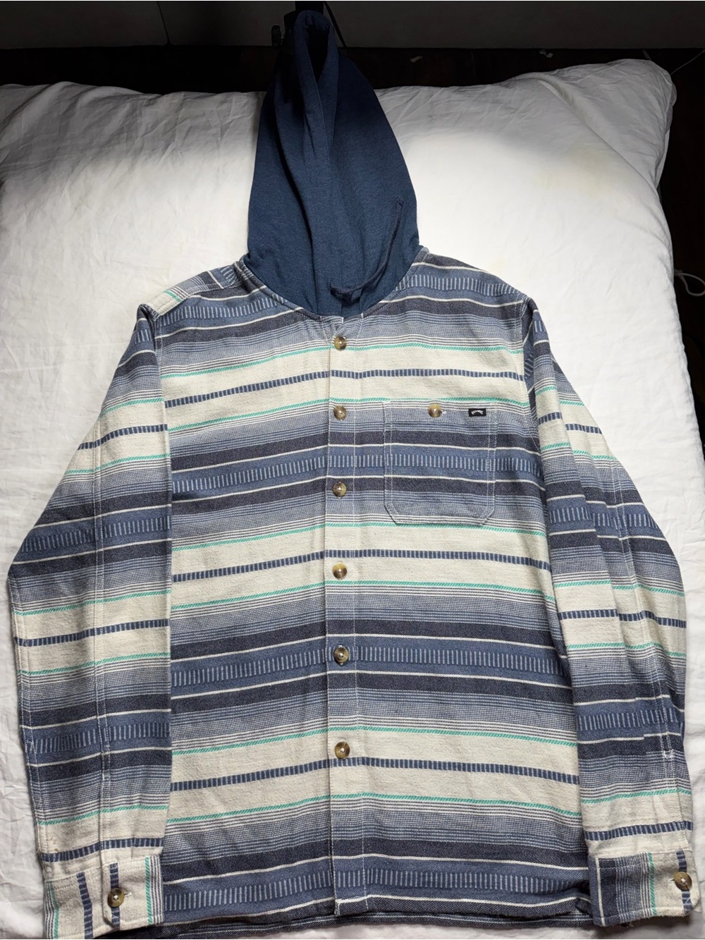 Billabong Striped Button-Up Hooded Shirt Jacket - Blue, Cream, Teal